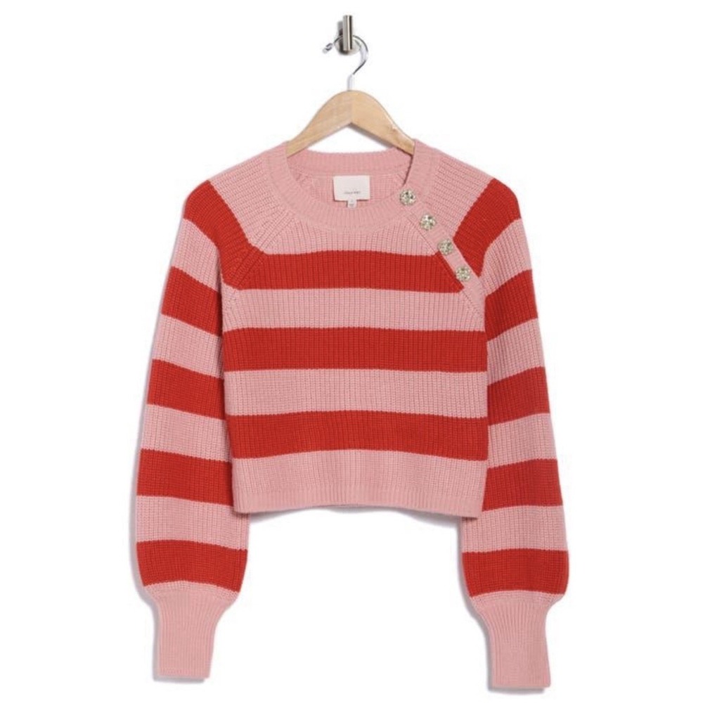 Cinq a Sept Striped Sweater  L  Pink Red Knit Wool Coquette Chic Cozy Girly $295